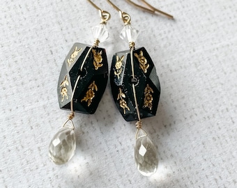 Earrings Repurposed Antique Black Gold Floral Etched Glass Button Smoky Quartz Vintage Crystal Dangle Gold Fill One of a Kind, Buttoned Up