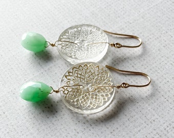 Earrings Repurposed Vintage Etched Glass Button White Lace Chrysoprase Bright Mint Green Dangle Gold Fill One of a Kind, Creme de Menthe