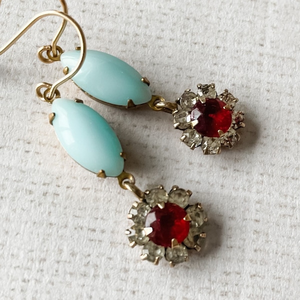 Vintage Rhinestone Earrings Red Robins Egg Blue Aqua Blue Czech Glass Sweet Feminine Pretty Petite One of a Kind, Martha Stewart Wedding