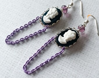 Earrings Repurposed Vintage Cameo Vintage Enamel Chain Amethyst Purple Punk Quirky Unique Black White One of a Kind Whimsical, Victorian Pop