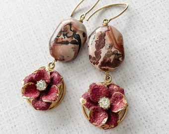 Earrings Repurposed Vintage Fancy Purple Velvet Textured Rhinestone Flower Petals Smooth Painted Jasper Gold One of a Kind, Velvet Portrait