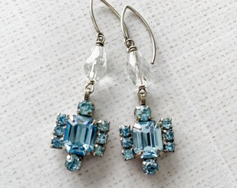 Earrings Pale Blue Glowing Vintage Rhinestone Crystal Fancy Sterling Silver Bridal Wedding One of a Kind Sparkle, Something Blue II