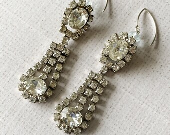 Earrings Fancy Vintage Rhinestone Dangle Bright Shining Sparkle Clear Crystal Wedding Earrings Bridal Earrings One of a Kind, Swing Dance