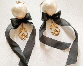 Long Earrings Huge Vintage White Ivory Cotton Pearl Brass Charm Black Silk Ribbon Bow Tie Lightweight Unique One of a Kind, Black Tie Affair