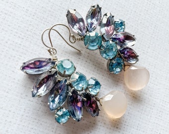 Earrings Dusky Purple Pale Aqua Blue Huge Big Vintage Rhinestone Fan Statement Sparkle Peach Sterling Silver One of a Kind, Breath of Spring