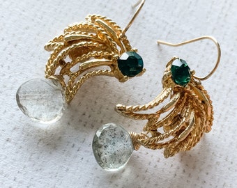 Green Gold Earrings Vintage Component Wink Shooting Star Moss Aquamarine Dainty Unique One of a Kind, Cleo's Wink