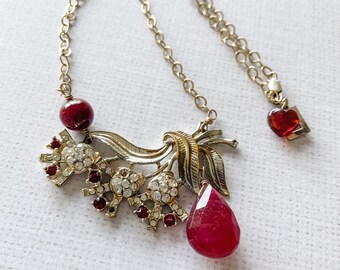 Necklace Ruby Red Quartz Aged Repurposed Vintage Rhinestone Branch Floral Gold Fancy Elegant, Aged Beauty III- Ruby Reaching