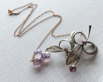 Necklace Repurposed Vintage Silver Filigree Leaf Branch Purple Rhinestone Mystic Amethyst ROSE GOLD Delicate One of a Kind, Future Past