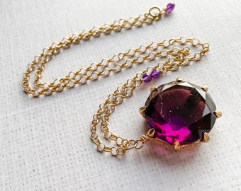 Necklace Repurposed Vintage Huge Purple Rhinestone Circle Amethyst Gold Fill Chain Unique One of a Kind Bold Layering Necklace, Grape Escape