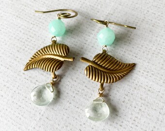 Earrings Vintage Brass Leaves Leaf Glowing Green Hemimorphite Gemstone Moss Aquamarine Gold Delicate Lightweight Unique, Elven II