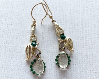 Green Gold Assemblage Earrings Vintage Component Vintage Rhinestone Rutilated Quartz One of a Kind, Envious Glance