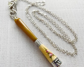 Necklace Luxe Long Antique Cigarette Holder Guilloche Rose Bakelite Sterling Silver Yellow Vintage Crystal One of a Kind, Got a Light?