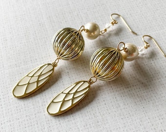 Earrings Vintage Gold Ivory Fluted Long Dangle Lightweight Faux Pearl Crystal Gold Filled -Gilded Wings