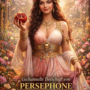 May include: An artistic depiction of Persephone, adorned with a floral crown and golden jewelry, holding a pomegranate. The image features a flowing pink and white dress, set against a backdrop of blooming flowers and the text "Gechannelte Botschaft von PERSEPHONE."