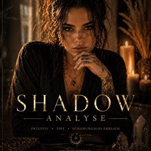 Könnte beinhalten: Werbefoto mit einer Frau mit dunklem Haar und goldenen Akzenten im Gesicht. Der Text "SHADOW ANALYSE" ist in goldenen Buchstaben dargestellt. Zusätzlicher Text enthält "INTUITIV", "TIEF" und "SCHONUNGSLOS EHRLICH".