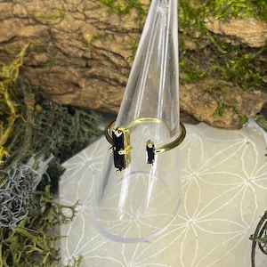 Könnte beinhalten: Ein goldener Ring mit zwei schwarzen rechteckigen Steinen. Der Ring befindet sich auf einem durchsichtigen Plastik-Ringständer.