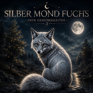 May include: A silver fox with a crescent moon marking on its forehead and flank sits on a rock under a full moon. The text SILBER MOND FUCHS and DEIN GEISTBEGLEITER appear at the top against a dark, starry night sky with silhouetted trees.