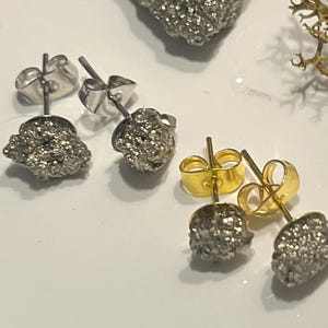 Minimalist pyrite stud earrings / stainless steel stud earrings with stone / healing stone earrings