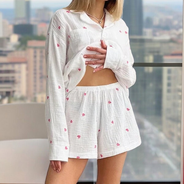 Summer Pajamas Set Sleepwear, Cute Cotton Pyjamas Set Loungewear, Bridesmaid Pajamas Set, Casual Sleepwear for Woman, Lounge Set for Her