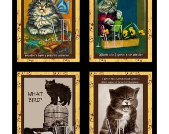 DNC 039 Artistic Ephemera Instant Download Four 4" x 5" Images as an 8" x 10" JPG – Cute Cats "I planted bird seeds... where's the birds? "