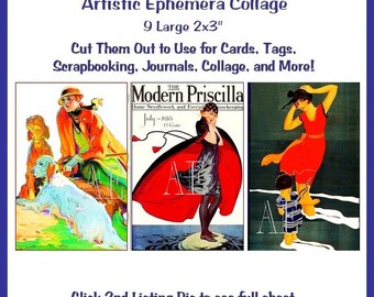 EP-032  Artistic Ephemera Collage Digital Sheet - Instant Download - 12 Images 2" x 2" Art Deco Ladies,  Sweet Patootie,  Modern Priscilla