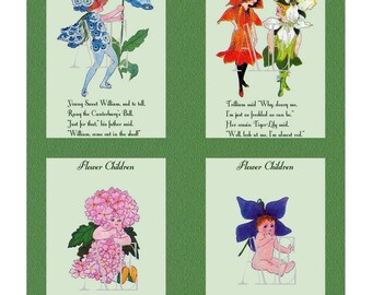 DNC 054 Artistic Ephemera Instant Download Four 4" x 5" Images as an 8" x 10" JPG – Flower Children - Sw William, Trillium, Verbena, Violet