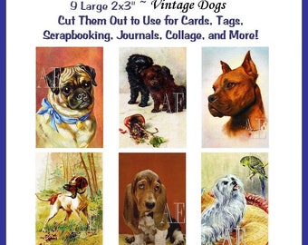 EP-025 Artistic Ephemera Digital Collage Sheet - Instant Download - 9 Images 2" x 3" - Adorable Vintage Dogs