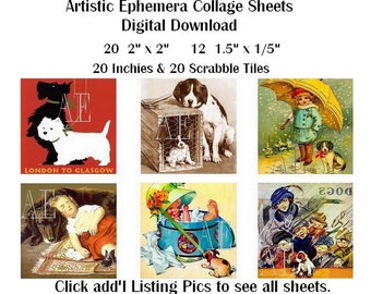 EP-022 Three Artistic Ephemera Digital Collage Sheets - Instant Download - 12 2" and 20 1.5" + 1" + Scrabble Tiles - Adorable Vintage Dogs