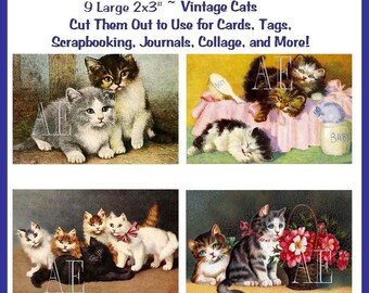 EP-021 Artistic Ephemera Digital Collage Sheet - Instant Download - 9 Images 2" x 3" - Adorable Vintage Cats