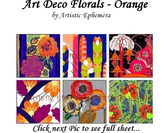 EP-030 Two Artistic Ephemera Digital Collage Sheets - Instant Download - 12 2" and 20 1.5" - Art Deco Orange Florals Flowers Trees