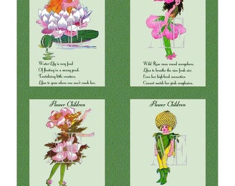 DNC 055 Artistic Ephemera Instant Download Four 4" x 5" Images as an 8" x 10" JPG – Flower Children - Water Lily, Rose, Wind Flower, Zinnia