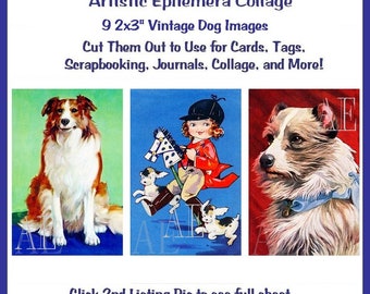 EP-023 Artistic Ephemera  Digital Collage Sheet - Instant Download - 9 Images 2" x 3" - Adorable Vintage Dogs