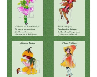 DNC 044 Artistic Ephemera Instant Download Four 4" x 5" Images as an 8" x 10" JPG – Flower Children Briar Rose, Burdock, Buttercup, Poppy