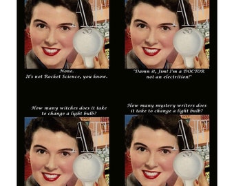 DNC 064 Artistic Ephemera Instant Download Four 4" x 5" Images as an 8" x 10" JPG – Funny Lady "How many ?????? To change a light bulb?"