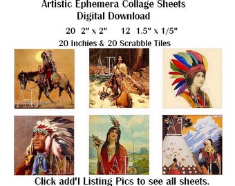 EP-028 Three Artistic Ephemera Digital Collage Sheets - Instant Download - 12 2" and 20 1.5" + 1" + Scrabble Tiles - Vintage Native American