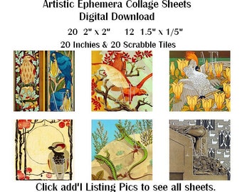 EP-036 Three Artistic Ephemera Digital Collage Sheets - Instant Download - 12 2" and 20 1.5" + 1" + Scrabble Tiles  Art Deco Birds & Animals