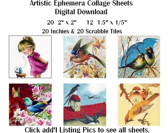 EP-016 Three Artistic Ephemera Digital Collage Sheets - Instant Download - 12 2" and 20 1.5" + 1" + Scrabble Tiles - Vintage Birds Chickadee