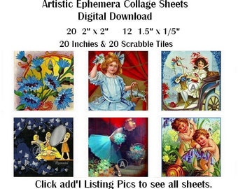 EP-002 Three Artistic Ephemera Digital Collage Sheets - Instant Download - 12 2" and 20 1.5" + 1" + Scrabble Tiles -  Victorian Flowers Blue