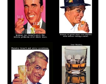 DNC 067 Artistic Ephemera Instant Download Four 4" x 5" Images as an 8" x 10" JPG – Funny Men "Whiskey Doesn't ask Silly Questions..."