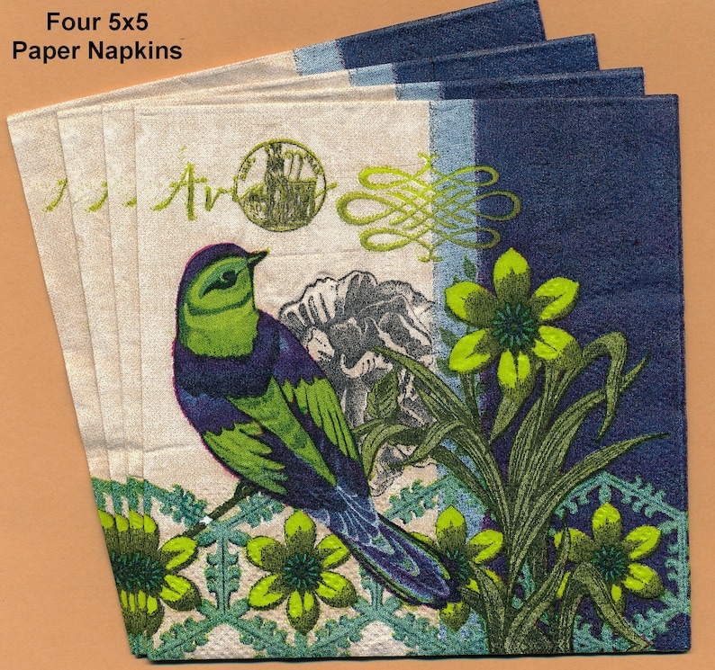 PN074 ~ Four Paper Napkins by Cypress Home ~ 5x5 ~ Beautiful Green /& Blue Bird with pretty green flowers