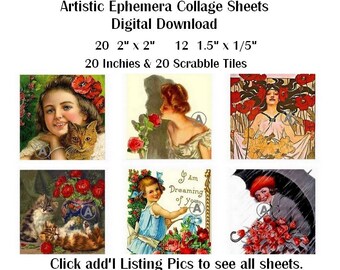 EP-003 Three Artistic Ephemera Digital Collage Sheets - Instant Download - 12 2" and 20 1.5" + 1" + Scrabble Tiles - Victorian Flowers Red