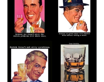 DNC 065 Artistic Ephemera Instant Download Four 4" x 5" Images as an 8" x 10" JPG – Funny Retro Men,"Scotch Doesn't ask Silly Questions..."
