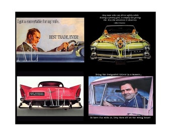 DNC 017 Artistic Ephemera Instant Download Four 4" x 5" Images as an 8" x 10" JPG - Retro Men - "Car for wife, best trade ever!"