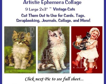 EP-019 Artistic Ephemera Digital Collage Sheet - Instant Download - 9 Images 2" x 3" - Adorable Vintage Cats