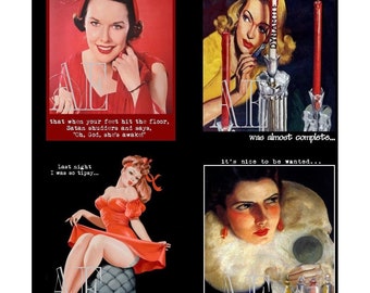 DNC 001 Artistic Ephemera Instant Download Four 4" x 5" Images as an 8" x 10" JPG - Sassy Retro Ladies "nice to be wanted... by the FBI?!"