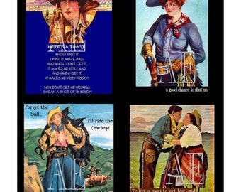 DNC 013 Artistic Ephemera Instant Download Four 4" x 5" Images as an 8" x 10" JPG - Sassy Cowgirls "Here's a Toast"