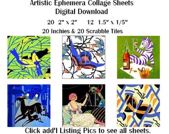EP-029 Three Artistic Ephemera Digital Collage Sheets - Instant Download - 12 2" and 20 1.5" + 1" + Scrabble Tiles - Art Deco Birds & More