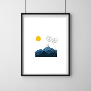 Minimalist Mountain art , Printable wall art, Digital Download, Landscape drawing poster, Nature home decor, Mountain Sun Print