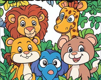 Könnte beinhalten: Ein Malbuch mit fünf Comic-Tieren: einem Löwen, einer Giraffe, einem Bären, einem Tiger und einem Elefanten. Die Tiere sind von grünen Blättern und Blumen umgeben. Das Buch trägt den Titel "Animal Coloring Book".