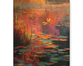 Canvas Print Water Lily Pond Dragonfly Serene Nature Art